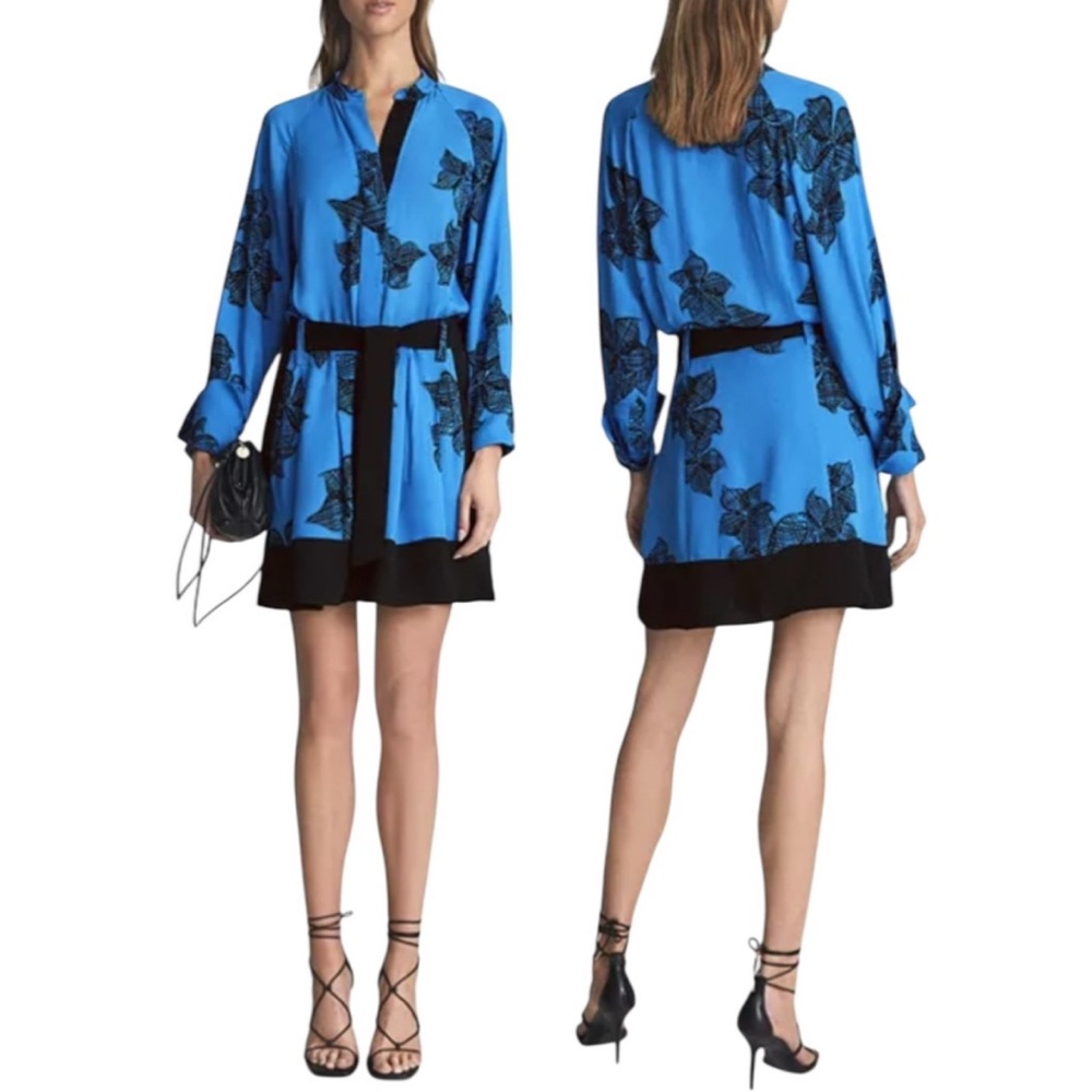 Reiss Viviyan Blue Floral Mini Dress with Black Trim  Tie Waist - Large - $330